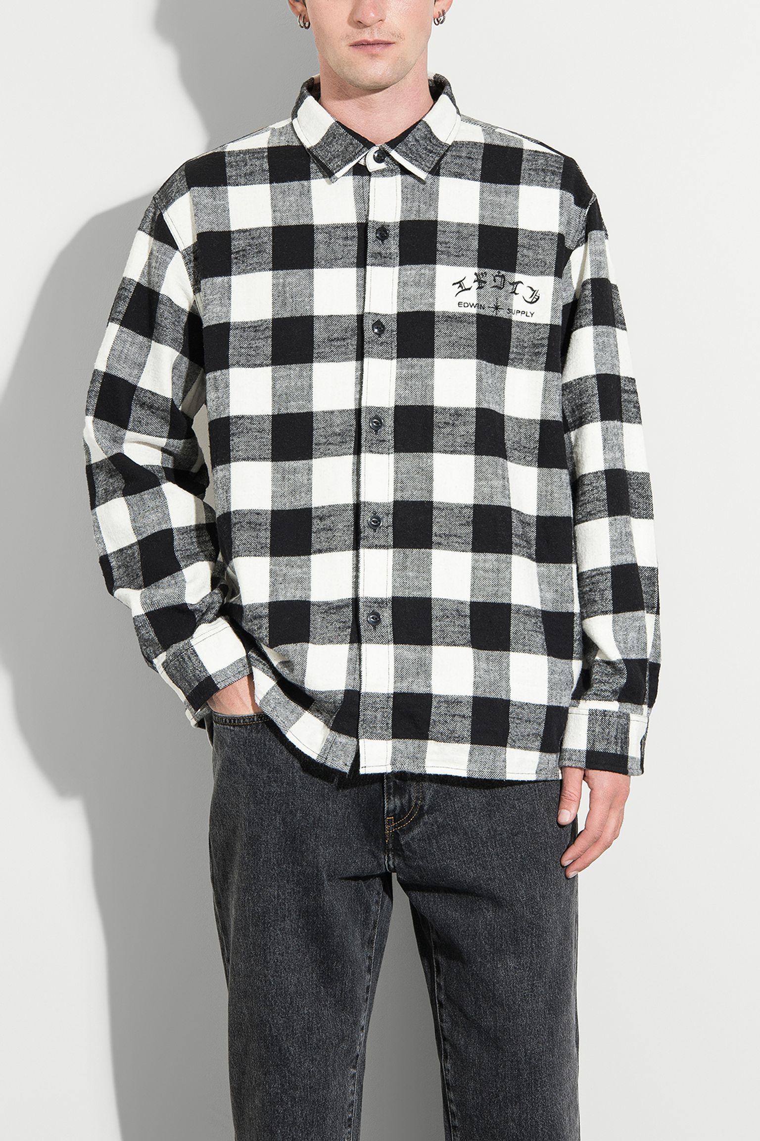 сорочка Sebastian Shirt LS Heavy Flannel Brushed Black/White garment washed